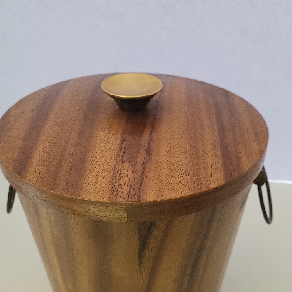 Vintage MCM KMC Teak Wood Ice Bucket W/ Brass Handles & Aluminum Lined
